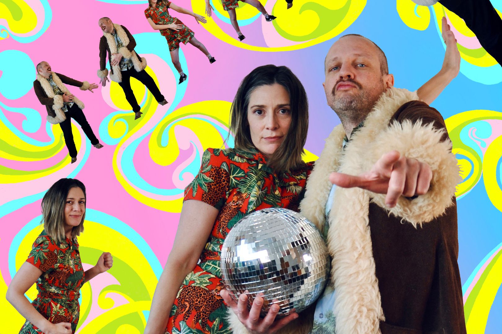 A wacky surreal background in pink, yellow and blue. Images of Sacha and Josh posing with a disco ball over it